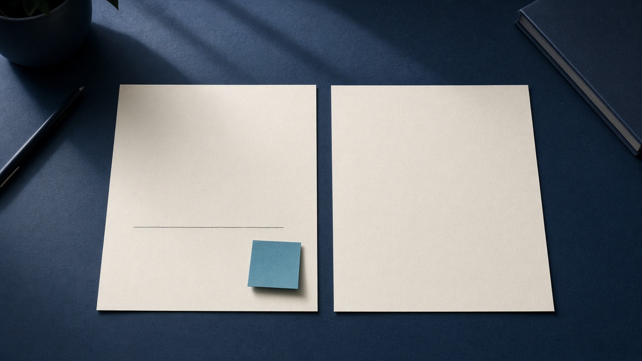 Two sheets of paper on a desk, one marked with a pencil line and a teal note.