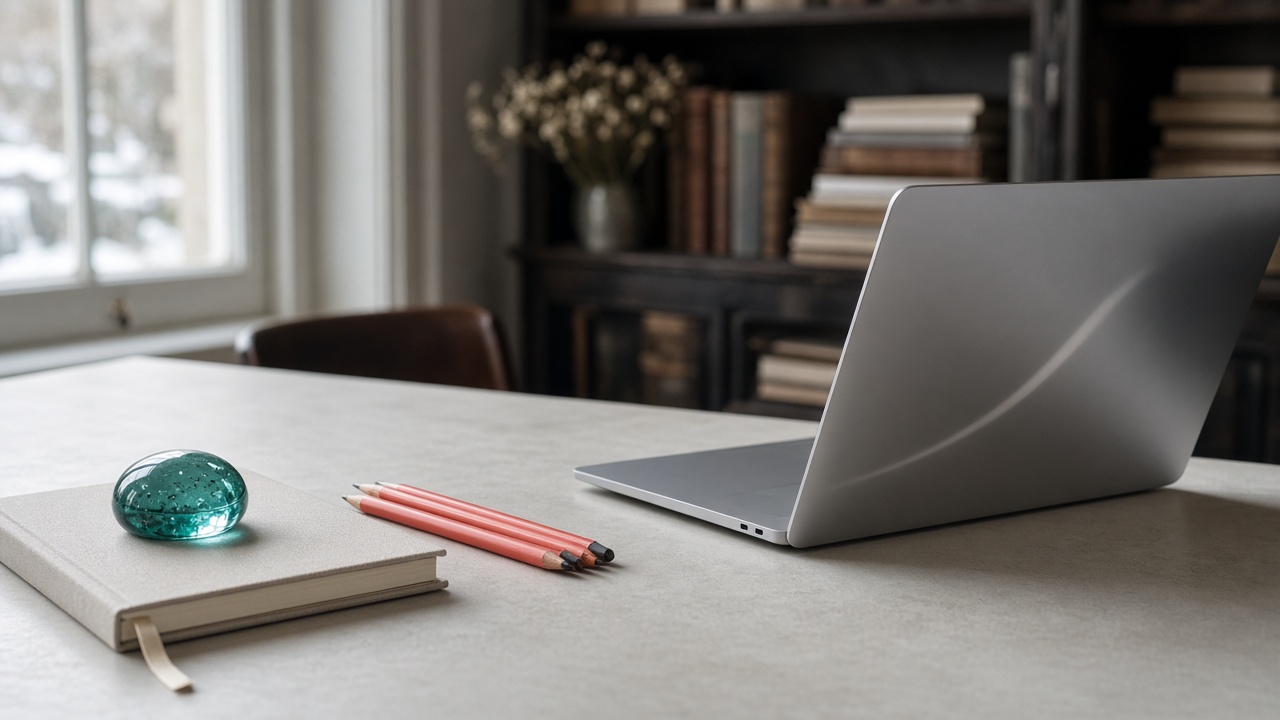A research desk with a notebook, a teal glass paperweight, and a laptop turned away.