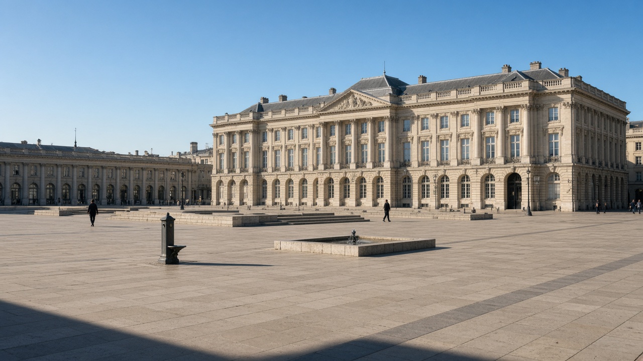 A pale European square in strong summer light, with a civic building beyond.