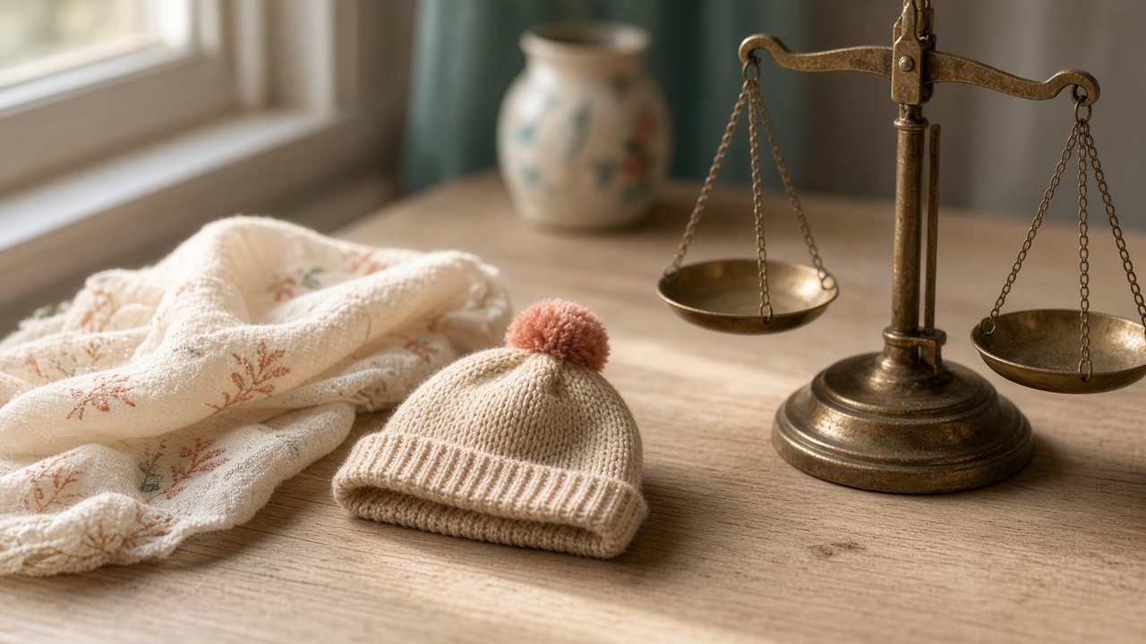 A folded muslin wrap, a knitted infant cap, and a small balance scale in window light.