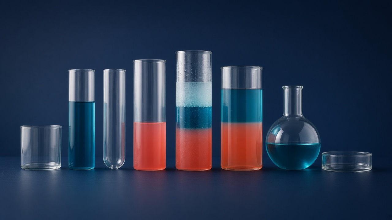 Glass laboratory vessels in a row, a few holding teal and coral liquid.