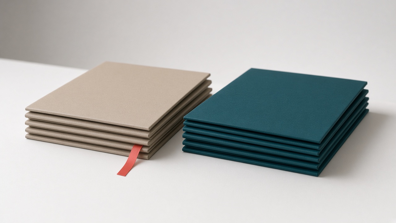 Two stacks of closed policy folders, one sand and one teal, with a coral ribbon.