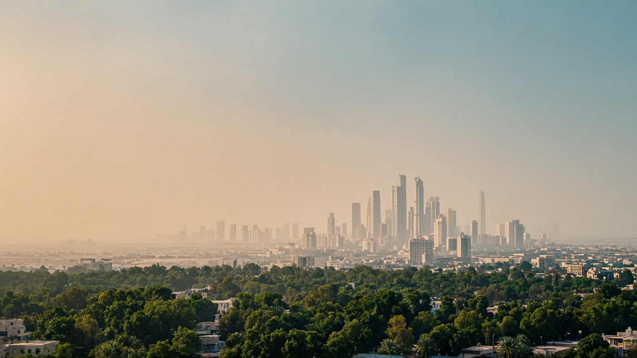 Late-afternoon heat haze over a Gulf city, with trees in the foreground.
